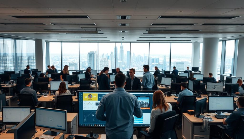 A bustling open-plan office, with rows of desks and workstations. In the foreground, a team of marketers and analysts are gathered around a large touchscreen display, studying audience data and segmentation. The middle ground features a panoramic view of the city skyline, hinting at the scope and scale of the programmatic advertising ecosystem. Soft, diffused lighting creates a professional, focused atmosphere, while the clean, modern aesthetic conveys a sense of technological sophistication. The camera angle is slightly elevated, providing an overview of the scene and emphasizing the collaborative, data-driven nature of the audience targeting process.