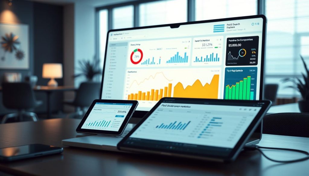 A sleek, modern dashboard showcasing real-time performance metrics for a paid search marketing campaign. In the foreground, a laptop screen displays colorful graphs, charts, and analytics tools, illuminated by soft, directional lighting. The middle ground features a tablet or smartphone displaying campaign insights, while the background subtly blends office decor and technology elements - clean lines, neutral tones, and a hint of minimalist elegance. The overall atmosphere conveys a sense of data-driven optimization, strategic decision-making, and digital marketing prowess.