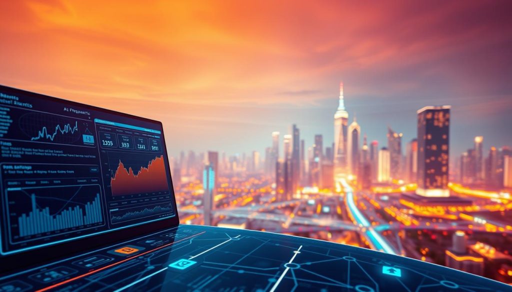 A vibrant, digital landscape showcasing the benefits of programmatic advertising. In the foreground, a sleek, futuristic interface displays real-time data and analytics, highlighting the precision and efficiency of automated ad buying. The middle ground features a network of interconnected devices, representing the seamless integration of programmatic across multiple platforms. In the background, a cityscape pulses with the energy of targeted, personalized campaigns, demonstrating the powerful reach and impact of this revolutionary marketing approach. Warm, vibrant lighting casts a sense of optimism and innovation, while a subtle depth of field emphasizes the depth and complexity of the programmatic ecosystem.