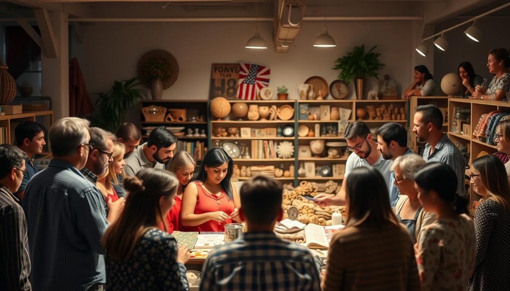 An online community of enthusiastic buyers and sellers, gathered around a virtual marketplace. In the foreground, a diverse group of people engaged in lively discussions, examining products, and negotiating deals. The middle ground showcases a vibrant array of items, from handcrafted goods to vintage collectibles, all neatly displayed on virtual shelves. In the background, a warm, inviting atmosphere with soft lighting and a sense of camaraderie, reflecting the inclusive and collaborative nature of this online community. The scene conveys the excitement and potential of social commerce, where connections and shared interests drive the exchange of value.