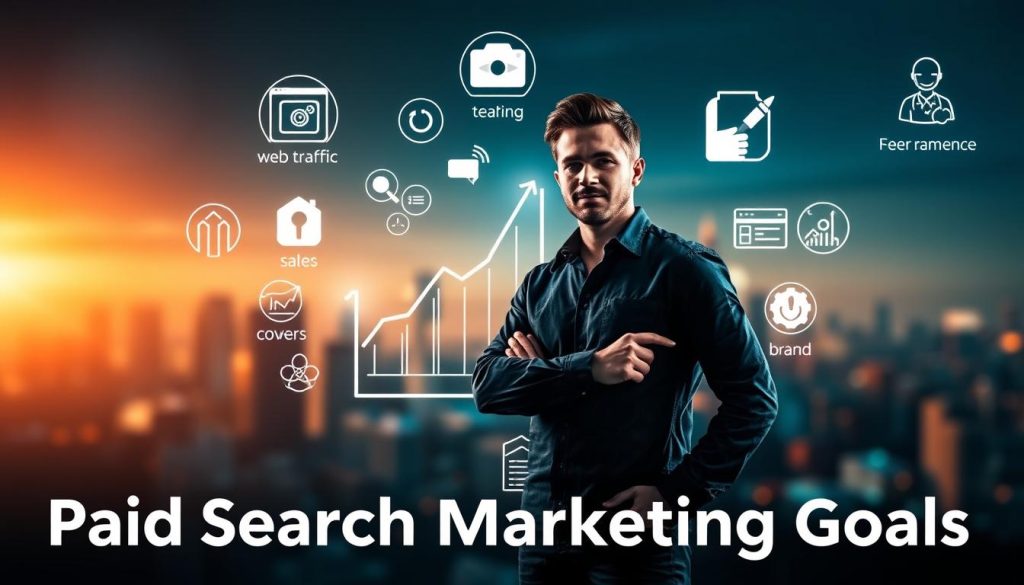Prompt A visually striking and conceptual image of "Paid Search Marketing Goals". In the foreground, a person standing confidently, representing the marketer, with a determined expression. Surrounding them, various icons and symbols representing key paid search objectives - web traffic, lead generation, sales conversions, brand awareness. In the middle ground, a stylized graph or chart visualizing the performance data and metrics. The background features a blurred, abstract cityscape, conveying the digital, online environment of paid search. The lighting is dramatic, with a mix of warm and cool tones, creating a sense of focus and emphasis on the core elements. The overall composition is balanced and visually compelling, guiding the viewer's attention to the central themes of paid search marketing goals.