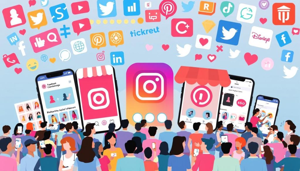 a vibrant and colorful illustration of popular social commerce platforms, showcasing a variety of e-commerce interfaces and mobile apps against a backdrop of social media icons, sharing buttons, and user interactions. The foreground features detailed depictions of well-known social commerce platforms like Facebook Shops, Instagram Checkout, Pinterest Shop the Look, and TikTok Shopping, each with their distinct branding and user interface elements. The middle ground includes a crowd of stylized online shoppers, influencers, and content creators engaged in various social commerce activities like product discovery, purchasing, and sharing. The background incorporates a dynamic blend of social media logos, hashtags, and other visual cues that convey the interconnected nature of social and e-commerce. The overall scene is rendered with a clean, modern aesthetic, using a balanced color palette and soft, diffused lighting to create an inviting and engaging atmosphere.