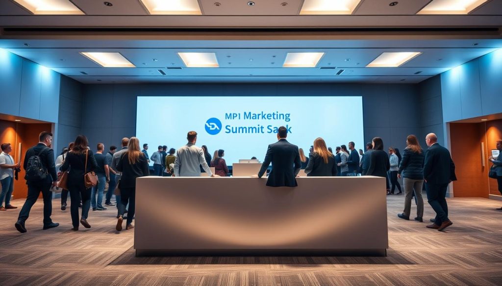 A digital marketing summit registration desk set against a backdrop of a modern conference hall. The desk features a sleek, minimalist design with clean lines and a subtle branding. Attendees approach the desk, their faces lit by soft, diffused lighting that creates a warm, inviting atmosphere. The scene is captured from a slightly elevated angle, giving a sense of depth and scale to the space. The overall mood is one of professionalism, efficiency, and excitement, reflecting the anticipation of the upcoming digital marketing summit.
