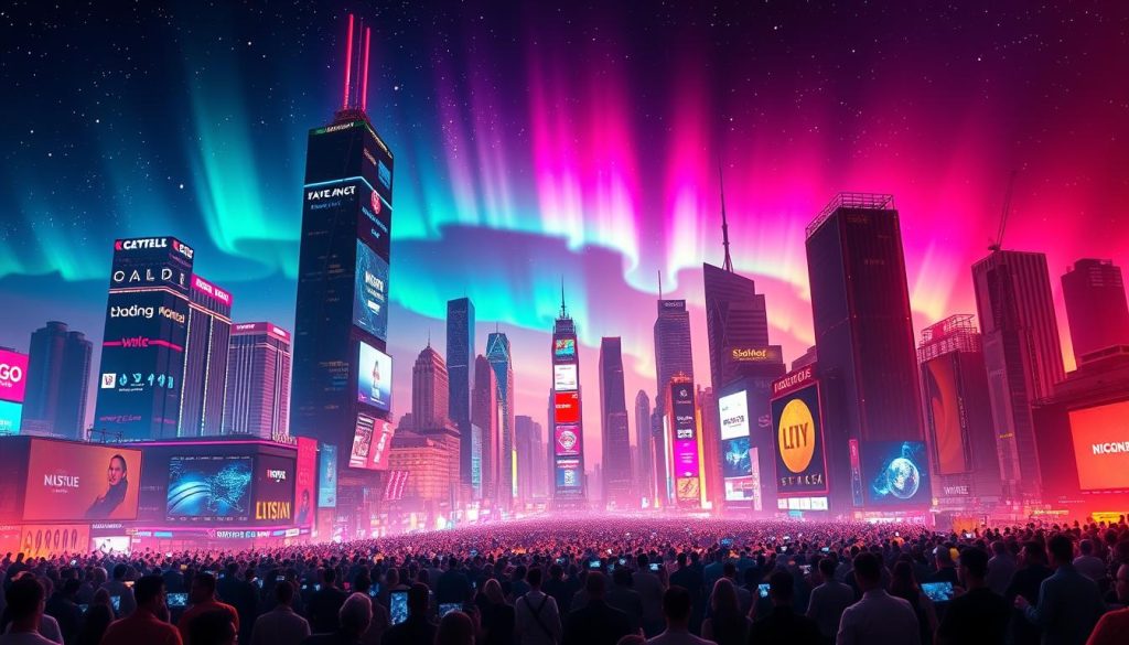 A panoramic cityscape bathed in neon hues, symbolizing the digital marketing revolution. In the foreground, a bustling crowd of people immersed in their digital devices, representing the connected, tech-savvy consumer. The middle ground showcases towering skyscrapers adorned with holographic displays and digital advertisements, capturing the futuristic, high-tech nature of modern marketing. In the background, a vibrant night sky with shimmering stars and glowing auroras, creating a sense of wonder and progress. The scene is illuminated by a warm, dynamic lighting that casts shadows and highlights the digital elements, evoking a sense of energy and innovation. The composition should convey a visually striking, futuristic, and technologically advanced representation of the digital marketing revolution.