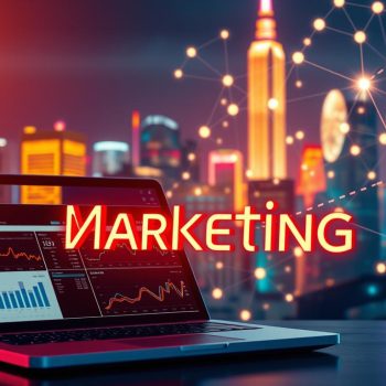 A vibrant and dynamic digital marketing landscape, with various elements seamlessly integrated. In the foreground, a laptop displaying analytical dashboards and data visualizations, illuminated by the glow of a neon-lit city skyline in the background. Sleek, futuristic typography floats amidst a digital network of interconnected nodes, pulsing with the energy of modern marketing strategies. Warm lighting casts a rich, cinematic tone, while the composition balances the organic and technological, reflecting the multifaceted nature of contemporary digital marketing. The scene conveys a sense of innovation, adaptability, and the endless possibilities within the ever-evolving world of digital marketing.