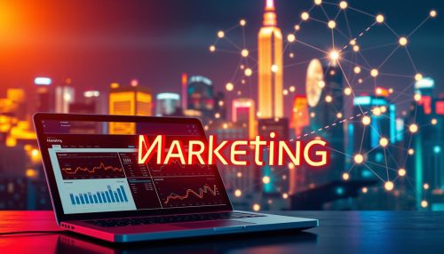 A vibrant and dynamic digital marketing landscape, with various elements seamlessly integrated. In the foreground, a laptop displaying analytical dashboards and data visualizations, illuminated by the glow of a neon-lit city skyline in the background. Sleek, futuristic typography floats amidst a digital network of interconnected nodes, pulsing with the energy of modern marketing strategies. Warm lighting casts a rich, cinematic tone, while the composition balances the organic and technological, reflecting the multifaceted nature of contemporary digital marketing. The scene conveys a sense of innovation, adaptability, and the endless possibilities within the ever-evolving world of digital marketing.