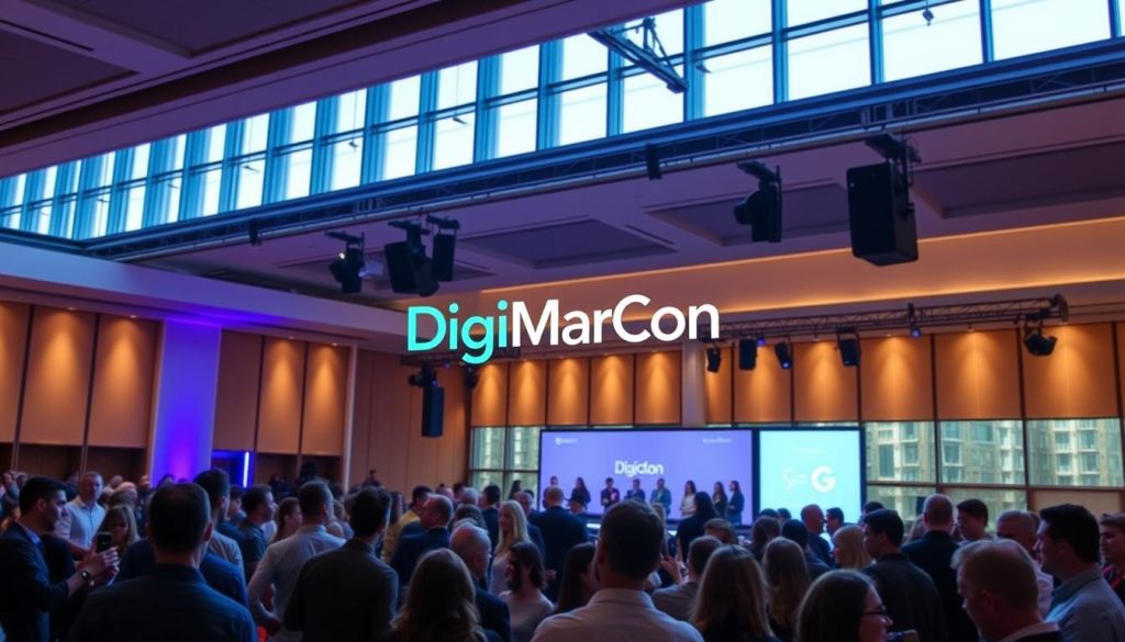 A vibrant, modern event hall with floor-to-ceiling windows bathed in warm, natural lighting. In the center, the DigiMarCon logo stands prominently, its sleek, minimalist design accentuated by subtle dynamic lighting effects. Around the logo, a crowd of attendees engages in lively discussions, their faces animated as they exchange ideas. The atmosphere is energetic yet professional, capturing the spirit of the ultimate digital marketing conference. The stage in the background features state-of-the-art audio-visual equipment, ready to host industry-leading speakers. Subtle branding elements, such as stylized digital icons, are woven seamlessly throughout the scene, reinforcing the event's digital marketing focus.