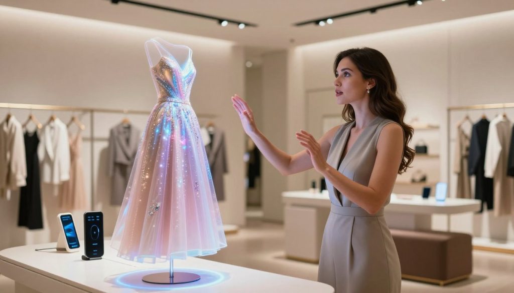 A shopper previews a virtual eveningwear look through an augmented reality experience