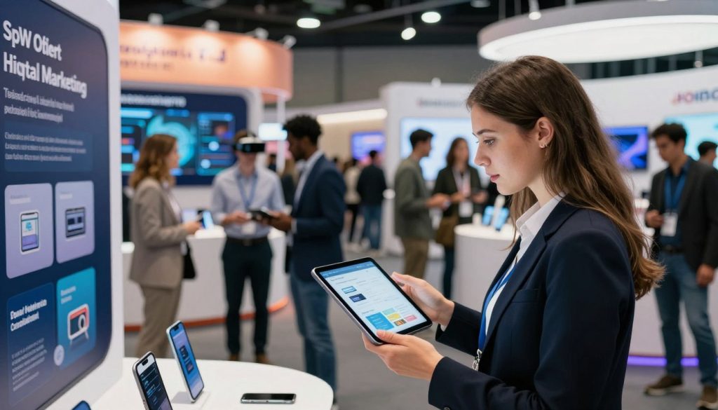 Marketer exploring mobile and SaaS technologies at an expo Marketer exploring mobile and SaaS technologies at an expo