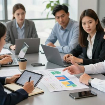 Marketing team comparing event plans around a conference table