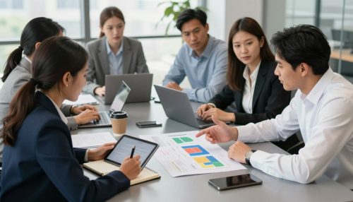 Marketing team comparing event plans around a conference table