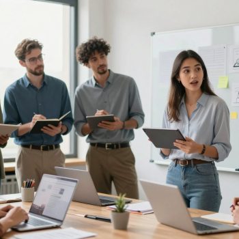 Marketing team planning social media stories with an employee creator