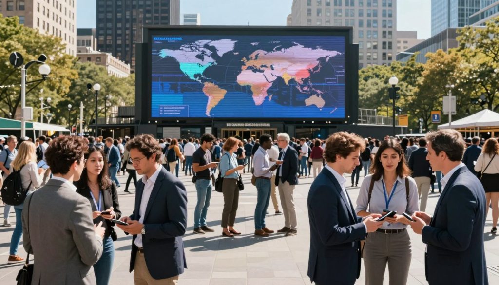 People gathered in a city square beneath a world population estimate